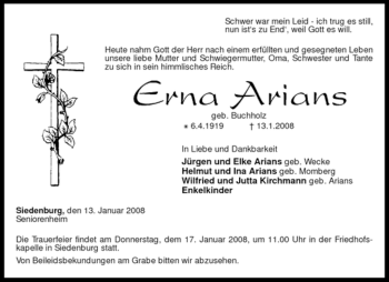 Todesanzeige von Erna Arians von KREISZEITUNG SYKE