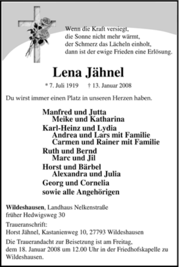 Todesanzeige von Lena Jähnel von KREISZEITUNG SYKE