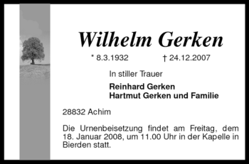 Todesanzeige von Wilhelm Gerken von KREISZEITUNG SYKE