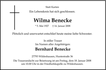 Todesanzeige von Wilma Benecke von KREISZEITUNG SYKE