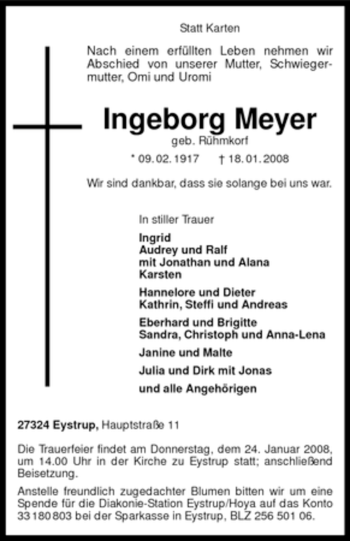 Todesanzeige von Ingeborg Meyer von KREISZEITUNG SYKE