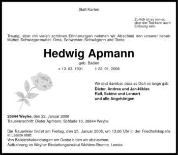 Todesanzeige von Hedwig Apmann von KREISZEITUNG SYKE