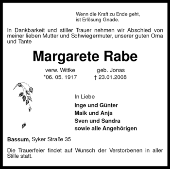 Todesanzeige von Margarete Rabe von KREISZEITUNG SYKE