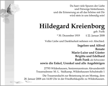 Todesanzeige von Hildegard Kreienborg von KREISZEITUNG SYKE