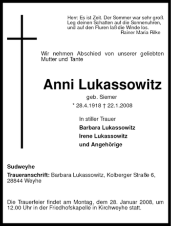 Todesanzeige von Anni Lukassowitz von KREISZEITUNG SYKE