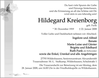 Todesanzeige von Hildegard Kreienborg 