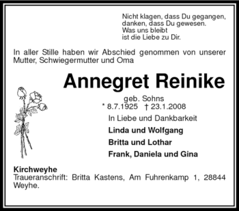 Todesanzeige von Annegret Reinike von KREISZEITUNG SYKE