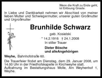Todesanzeige von Brunhilde Schwarz von KREISZEITUNG SYKE