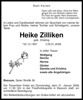 Todesanzeige von Heike Zilliken von KREISZEITUNG SYKE