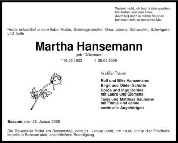 Todesanzeige von Martha Hansemann von KREISZEITUNG SYKE