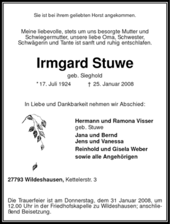 Todesanzeige von Irmgard Stuwe von KREISZEITUNG SYKE