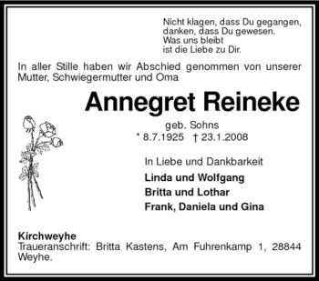 Todesanzeige von Annegret Reineke von KREISZEITUNG SYKE