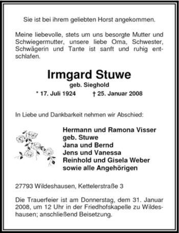 Todesanzeige von Irmgard Stuwe 
