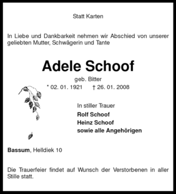 Todesanzeige von Adele Schoof von KREISZEITUNG SYKE
