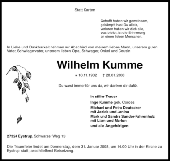 Todesanzeige von Wilhelm Kumme von KREISZEITUNG SYKE