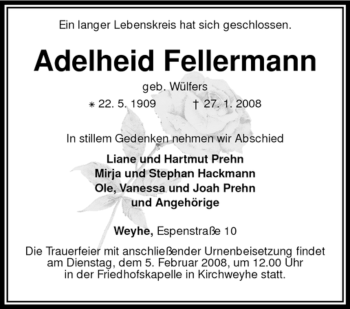 Todesanzeige von Adelheid Fellermann von KREISZEITUNG SYKE