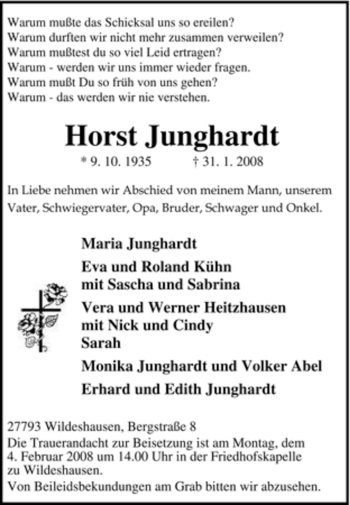 Todesanzeige von Horst Junghardt von KREISZEITUNG SYKE