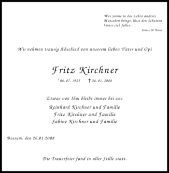 Todesanzeige von Fritz Kirchner von KREISZEITUNG SYKE