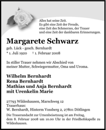 Todesanzeige von Margarete Schwarz von KREISZEITUNG SYKE