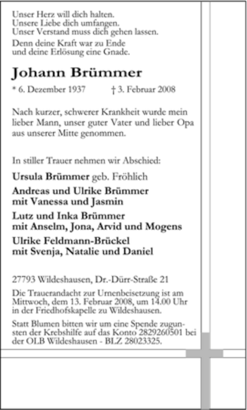 Todesanzeige von Johann Brümmer von KREISZEITUNG SYKE