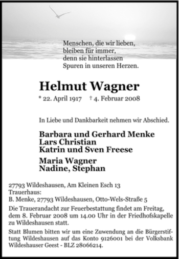 Todesanzeige von Helmut Wagner von KREISZEITUNG SYKE