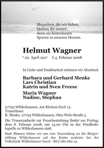 Todesanzeige von Helmut Wagner 