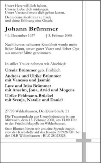 Todesanzeige von Johann Brümmer 