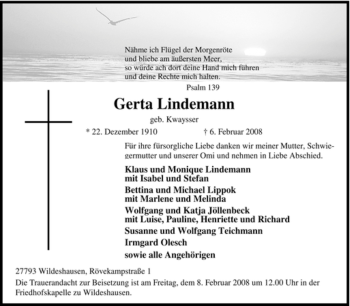 Todesanzeige von Gerta Lindemann von KREISZEITUNG SYKE