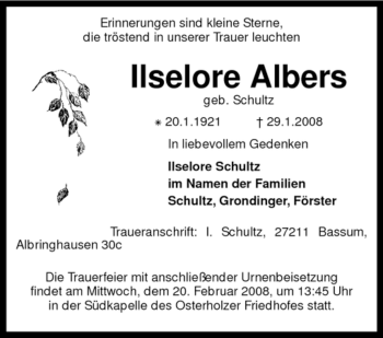 Todesanzeige von Ilselore Albers von KREISZEITUNG SYKE