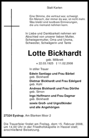 Todesanzeige von Lotte Bickhardt von KREISZEITUNG SYKE