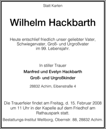Todesanzeige von Wilhelm Hackbarth von KREISZEITUNG SYKE