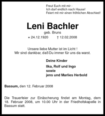 Todesanzeige von Leni Bachler von KREISZEITUNG SYKE