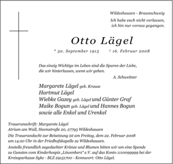 Todesanzeige von Otto Lägel von KREISZEITUNG SYKE