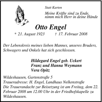 Todesanzeige von Otto Engel von KREISZEITUNG SYKE