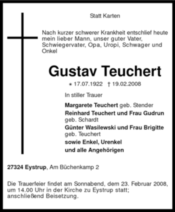 Todesanzeige von Gustav Teuchert von KREISZEITUNG SYKE
