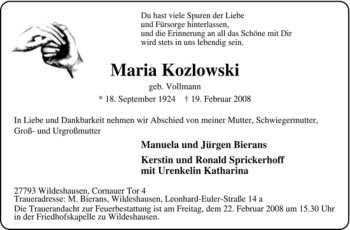 Todesanzeige von Maria Kozlowski von KREISZEITUNG SYKE