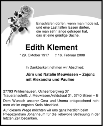 Todesanzeige von Edith Klement von KREISZEITUNG SYKE