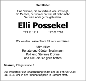 Todesanzeige von Elli Possekel von KREISZEITUNG SYKE