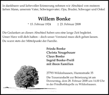 Todesanzeige von Willem Bonke von KREISZEITUNG SYKE