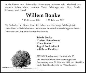Todesanzeige von Willem Bonke 