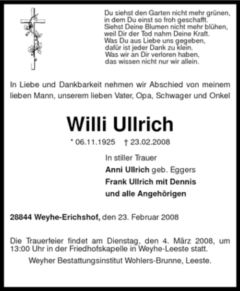 Todesanzeige von Willi Ullrich von KREISZEITUNG SYKE