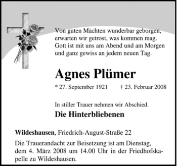 Todesanzeige von Agnes Plümer von KREISZEITUNG SYKE