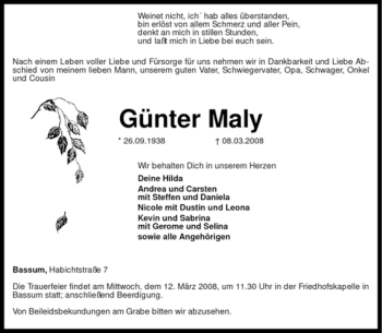 Todesanzeige von Günter Maly von KREISZEITUNG SYKE