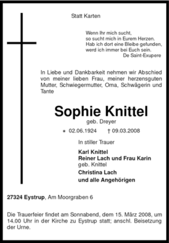 Todesanzeige von Sophie Knittel von KREISZEITUNG SYKE