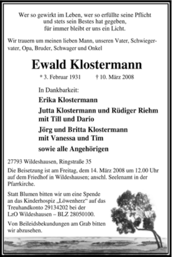 Todesanzeige von Ewald Klostermann von KREISZEITUNG SYKE