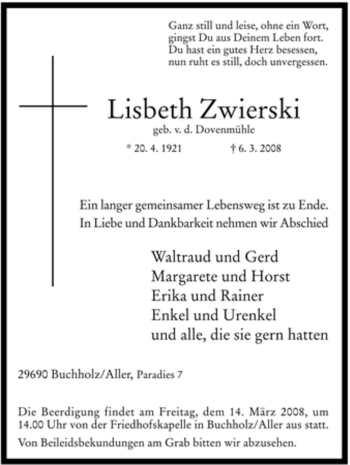 Todesanzeige von Lisbeth Zwierski von KREISZEITUNG SYKE