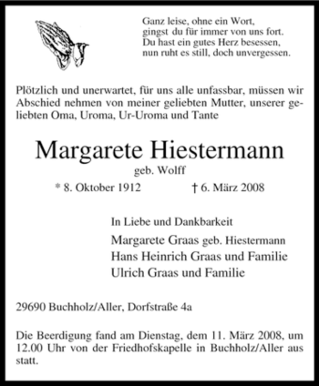 Todesanzeige von Margarete Hiestermann von KREISZEITUNG SYKE
