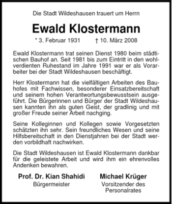 Todesanzeige von Ewald Klostermann 