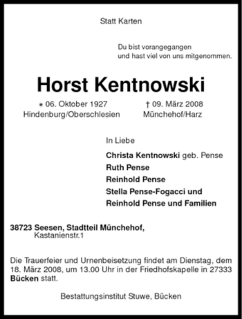 Todesanzeige von Horst Kentnowski von KREISZEITUNG SYKE