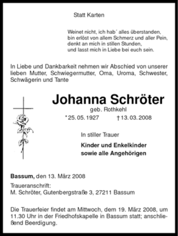 Todesanzeige von Johanna Schröter von KREISZEITUNG SYKE